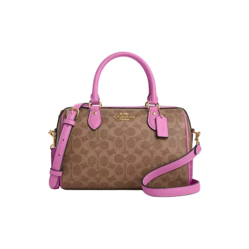 COACH Rowan Signature Coated Canvas Boston Bag, Shoulder Bag, Crossbody Bag, Handbag Medium Size Women's Pink & Brown