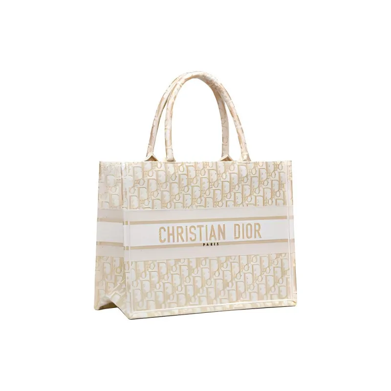DIOR BookTote Handmade Embroidered Monogram All Over Print Tote Bag Shopping Bag Handbag Medium Size Women's Gold-1