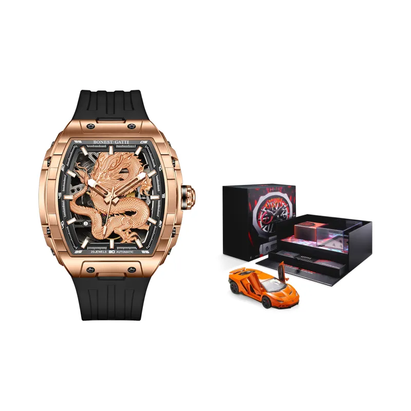 BONEST GATTI Automatic Mechanical Movement Rubber Strap Men's Watches Cut Out Dial-44