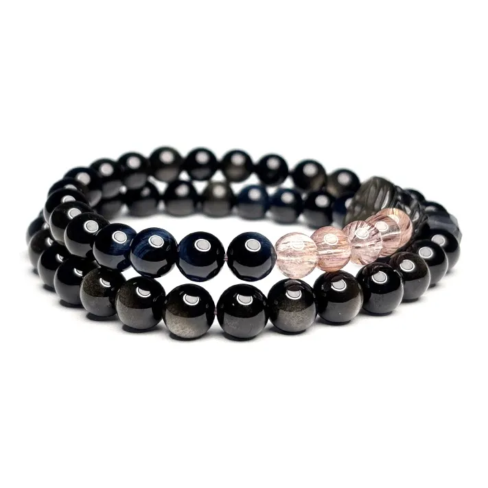 MOUNTAINS AND MANS Natural Obsidian New Chinese Style Stackable Good Luck Beaded Bracelet Unisex-1
