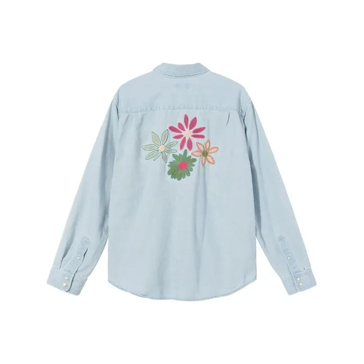 Stussy Flower Embroidered Denim Long Sleeve Shirt-0