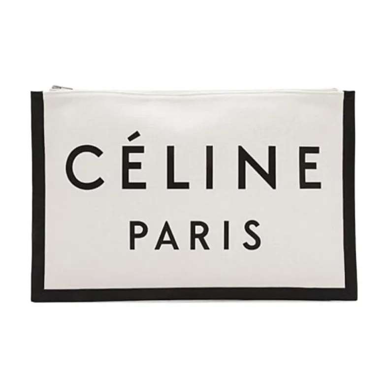 CELINE Fabric With Leather Clutch Women's White & Black-0