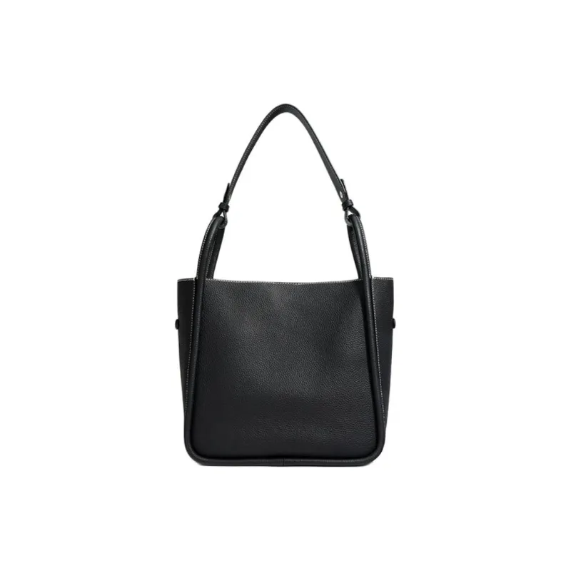 H YXIANG Top Grain Cow Leather Bucket Bag, Shoulder Bag Women's Black/Dove Gray-2