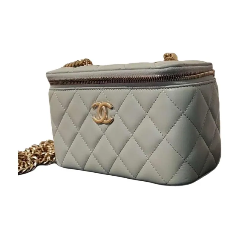 CHANEL Sheepskin One Shoulder Makeup Bag Women's Light Gray-2