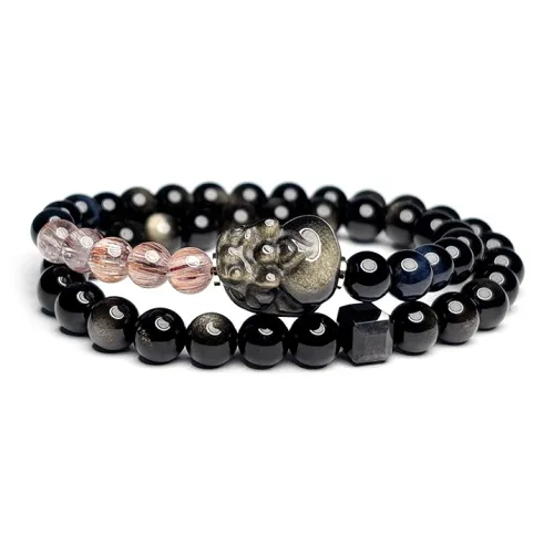 MOUNTAINS AND MANS Natural Obsidian New Chinese Style Stackable Good Luck Beaded Bracelet Unisex