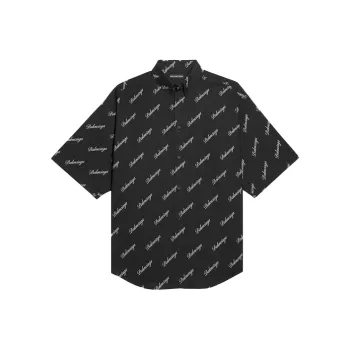 Balenciaga Allover Script Logo Button Down Shirt