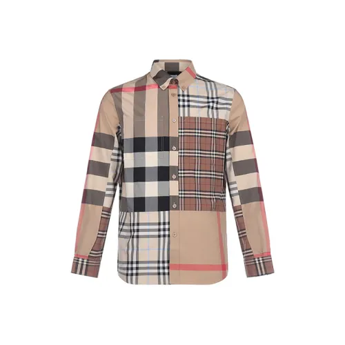 Burberry Men Classic Check Cotton Loose Fit Long Sleeve Shirt Light Almond