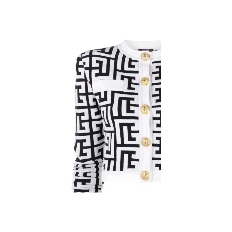 BALMAIN Monogram Knit Cropped Cardigan 'Black/White'-4