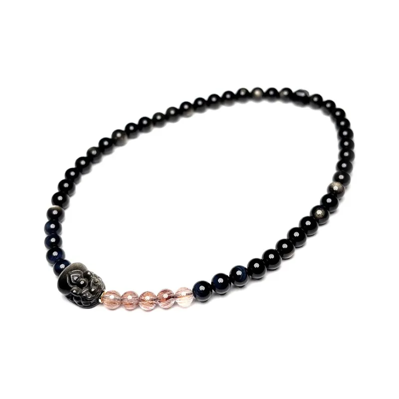 MOUNTAINS AND MANS Natural Obsidian New Chinese Style Stackable Good Luck Beaded Bracelet Unisex-4