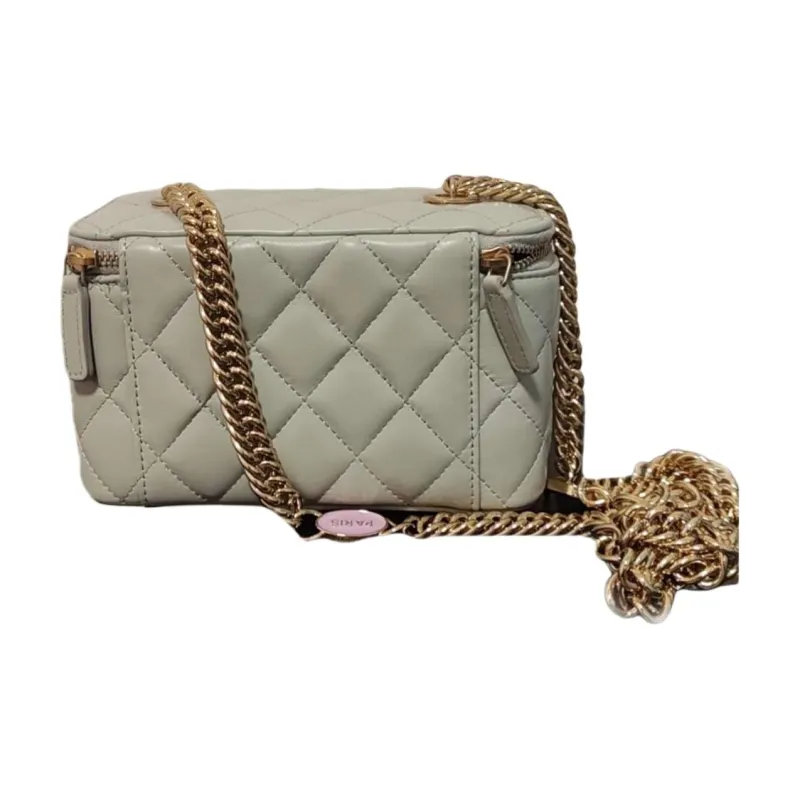 CHANEL Sheepskin One Shoulder Makeup Bag Women's Light Gray-3