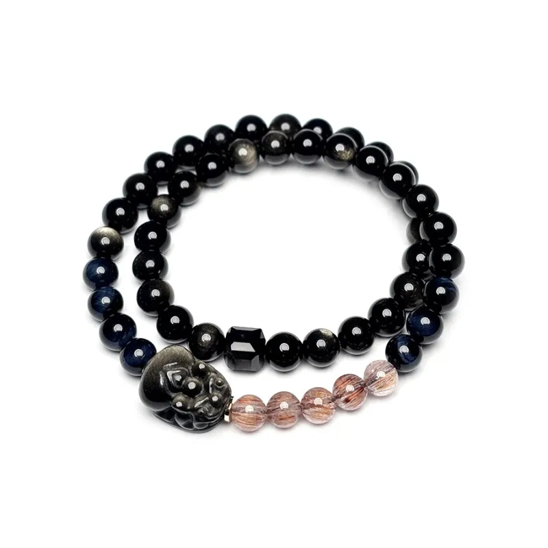 MOUNTAINS AND MANS Natural Obsidian New Chinese Style Stackable Good Luck Beaded Bracelet Unisex-3