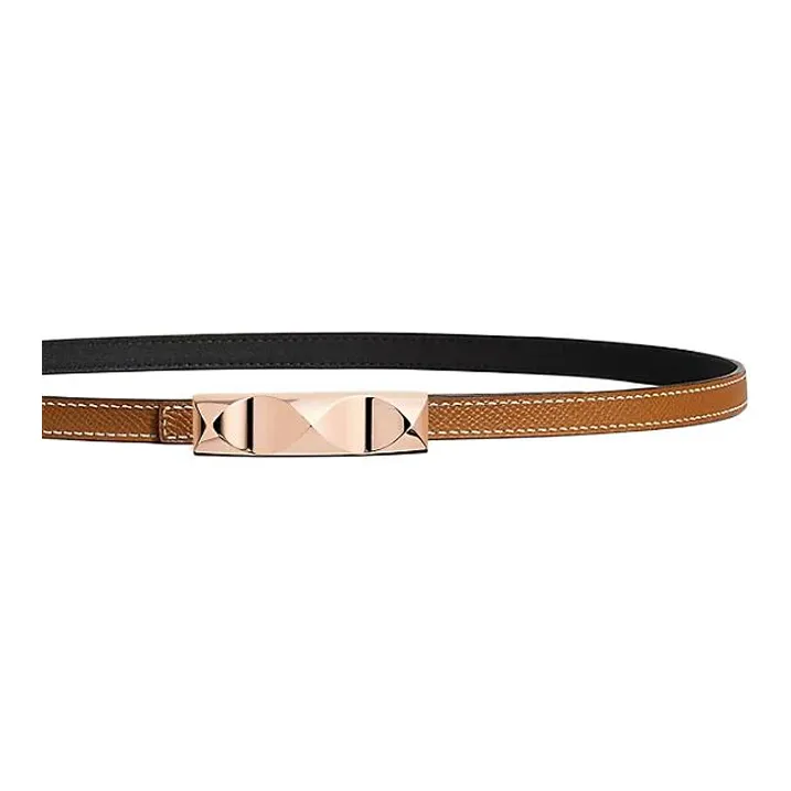 HERMES Metal, Calfskin, Rose Gold Plated Leather Belts Women's Brown Width 1.3cm-2
