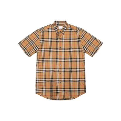 Burberry Men Plaid Patterns Short Sleeves Shirts Yellow