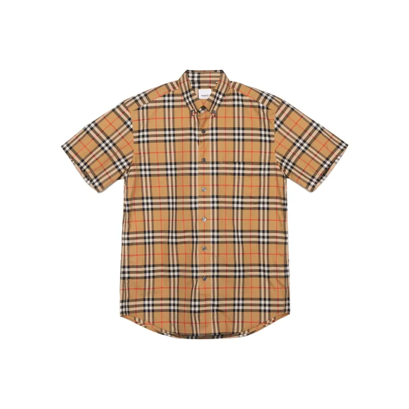Burberry Men Plaid Patterns Short Sleeves Shirts Yellow-0
