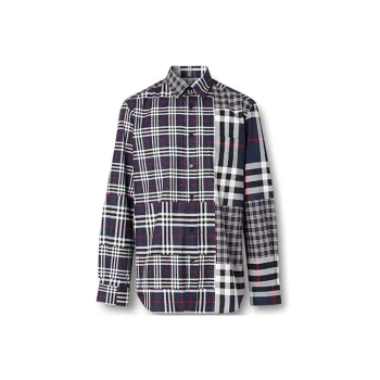 Burberry Check Spliced Square Collar Single Breasted Shirt Dark Gray