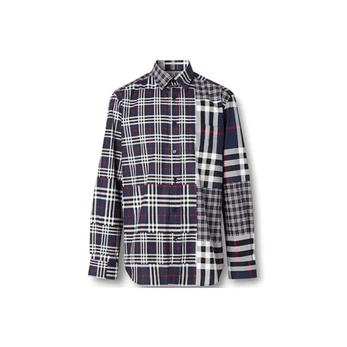 Burberry Check Spliced Square Collar Single Breasted Shirt Dark Gray