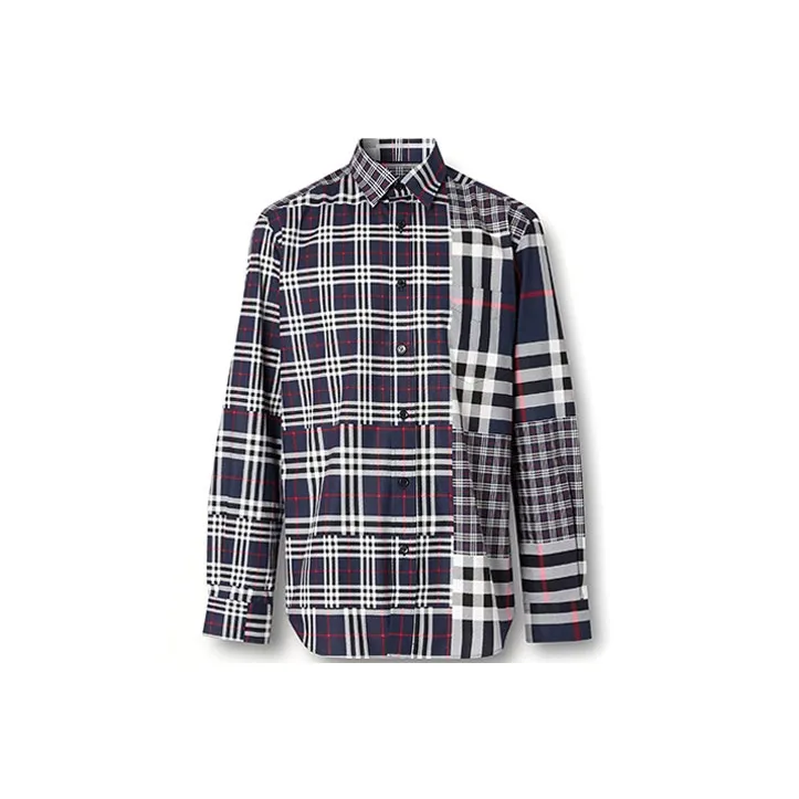Burberry Check Spliced Square Collar Single-Breasted Shirt Dark Gray-0