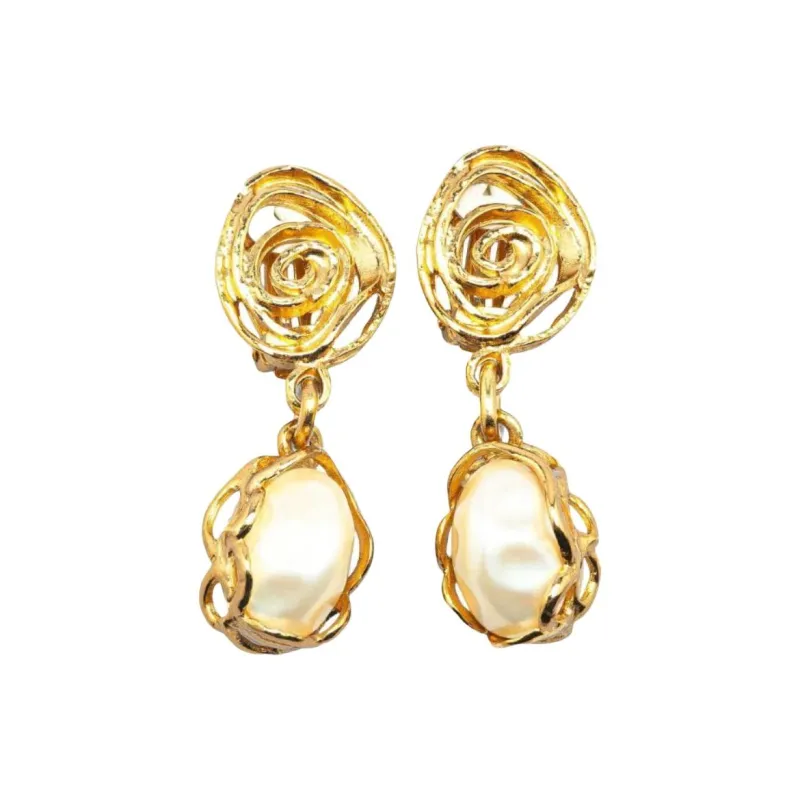 SAINT LAURENT 20th Century Gold Plated Faux Pearl Necklace And Earrings Set Costume Earrings-1