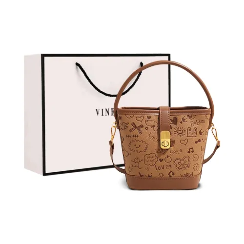 VINEY Synthetic Leather Bucket Bag Handbag Women's Brown