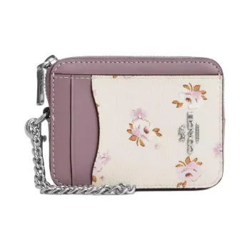 COACH Leather Card Holder Mini Women's Silver & Pink Multicolor