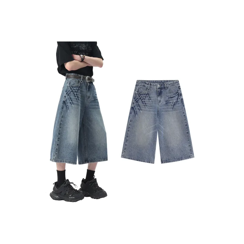 PAINT STAIN Vintage Loose Fit Minimalist Style Denim Shorts Unisex-7