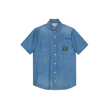 GUCCI Logo Patch Short sleeved Denim Shirt