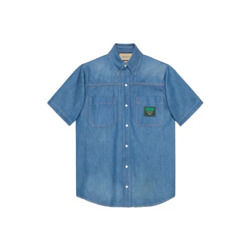 GUCCI Logo Patch Short sleeved Denim Shirt