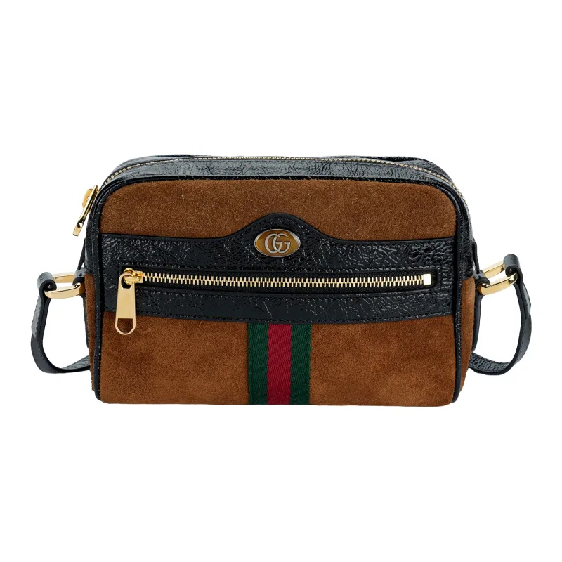 GUCCI Patent Leather Binding Suede Camera Bag, Shoulder Bag, Crossbody Bag Mini Women's Brown/Black-0