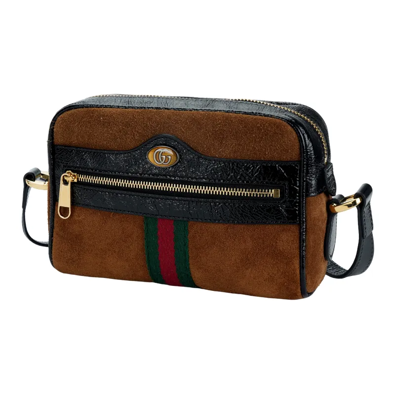 GUCCI Patent Leather Binding Suede Camera Bag, Shoulder Bag, Crossbody Bag Mini Women's Brown/Black-1