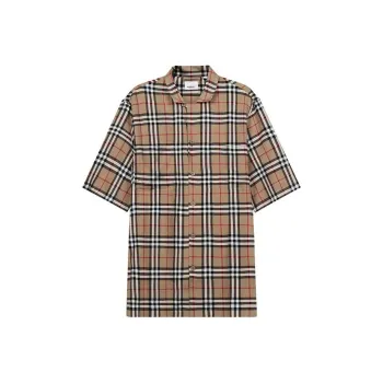 Burberry Mens Check Twill Single Breasted Short Sleeve Shirt Beige