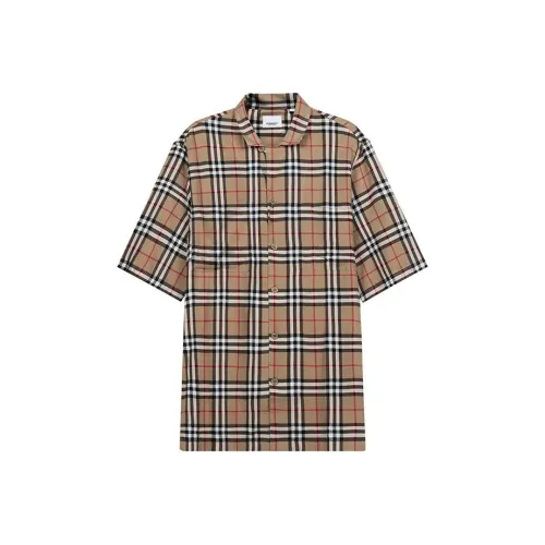 Burberry Mens Check Twill Single Breasted Short Sleeve Shirt Beige