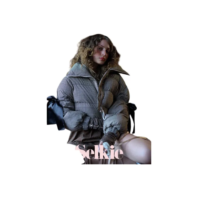 Selkie Collection FW24 Puffer Jacket Women's Brown Base With Houndstooth Plaid Print-2