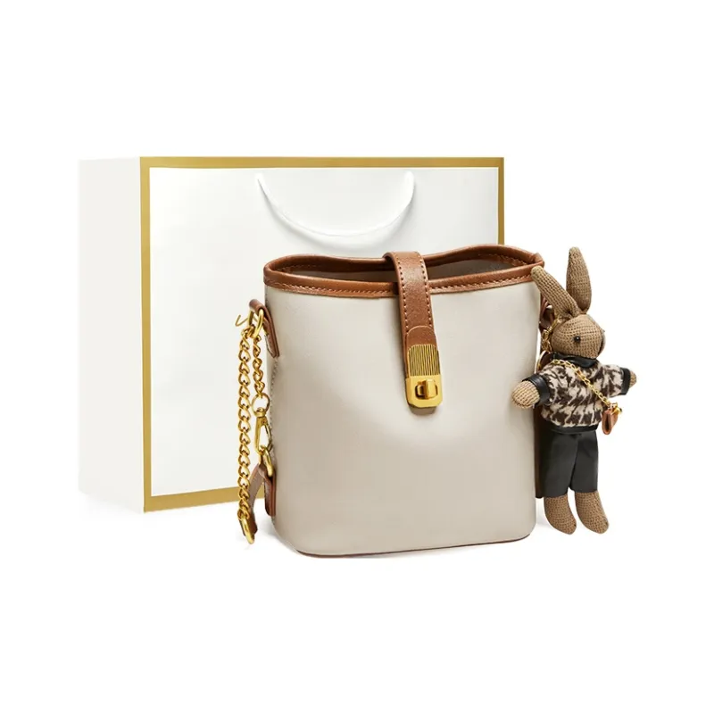 Narandu Synthetic Leather With Cow Leather Bucket Bag, Shoulder Bag Small Size Women's Vegetable Tanned Ecru & Brown-0