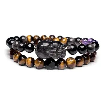 MOUNTAINS AND MANS Natural Obsidian New Chinese Style Stackable Good Luck Beaded Bracelet Men's