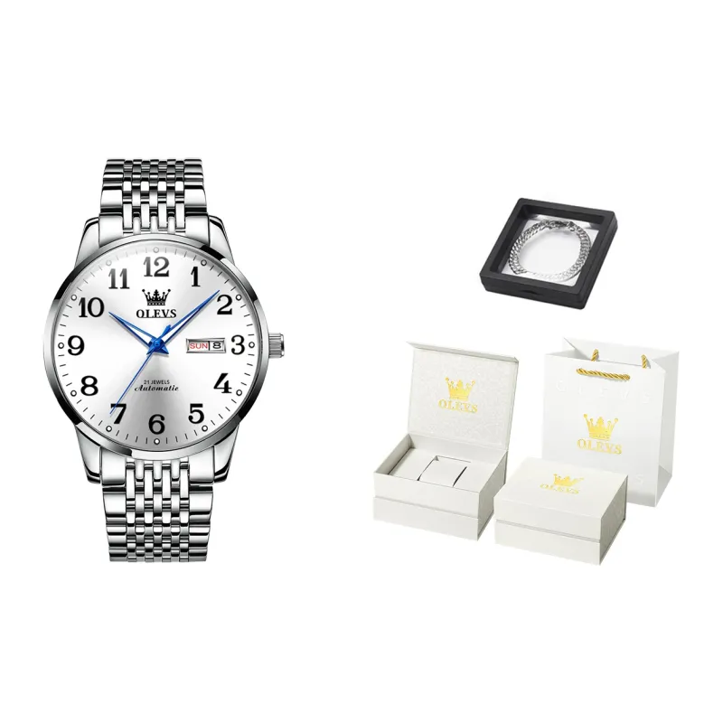 OLEVS Mechanical Movement Stainless Steel Watchband Watch Men's Watches White Dial-0