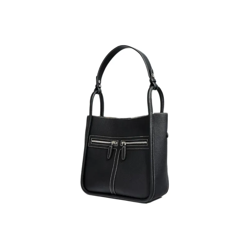 H YXIANG Top Grain Cow Leather Bucket Bag, Shoulder Bag Women's Black/Dove Gray-1