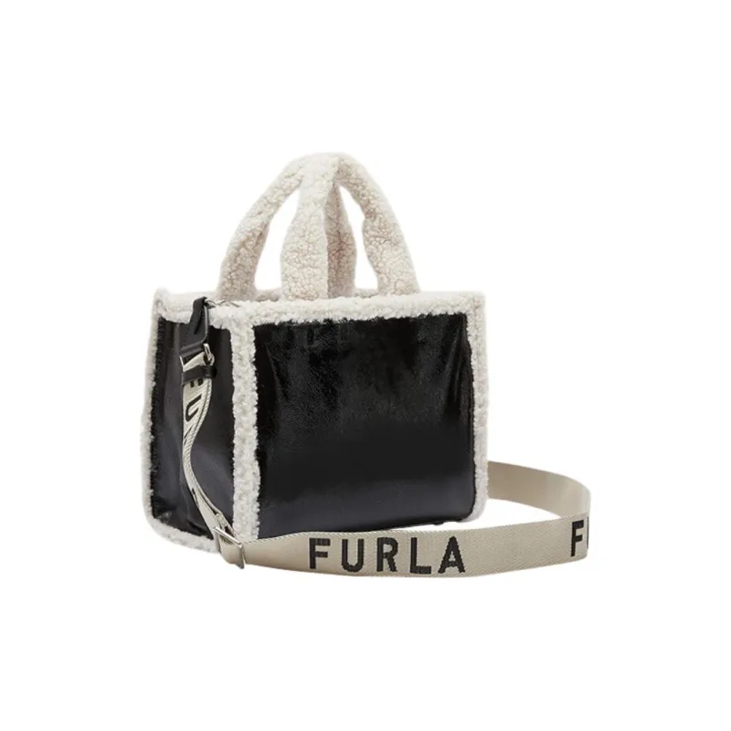 Furla Opportunity Faux Fur Tote Bag Shopping Bag Shoulder Bag Small Size Women's Black White-2
