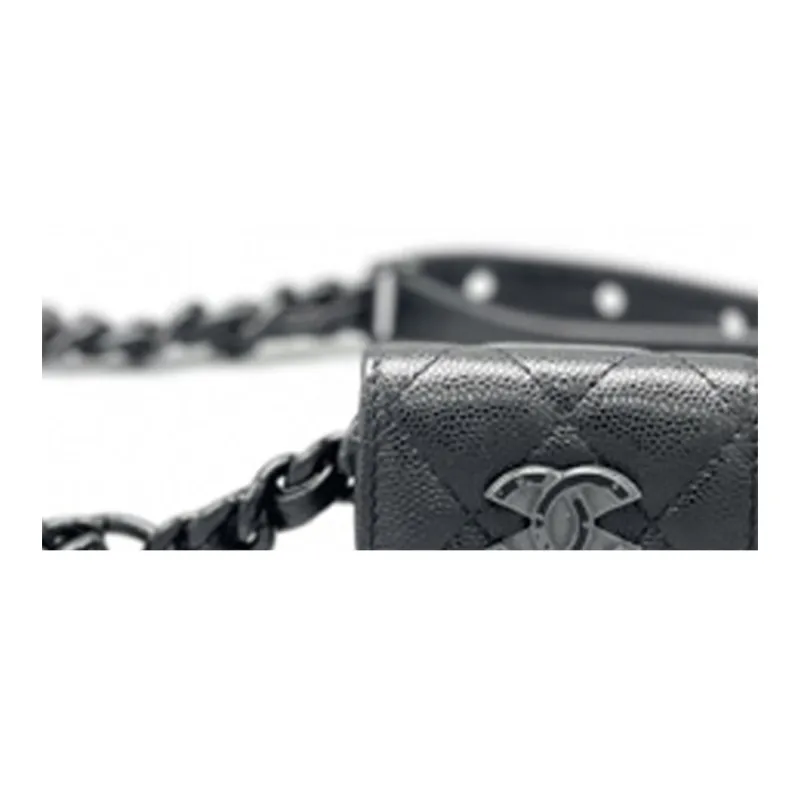 CHANEL Grain Embossed Calfskin With Bright Lacquered Finish Metal Fanny Pack AirPods Pro Earphone Case Women's Black-4