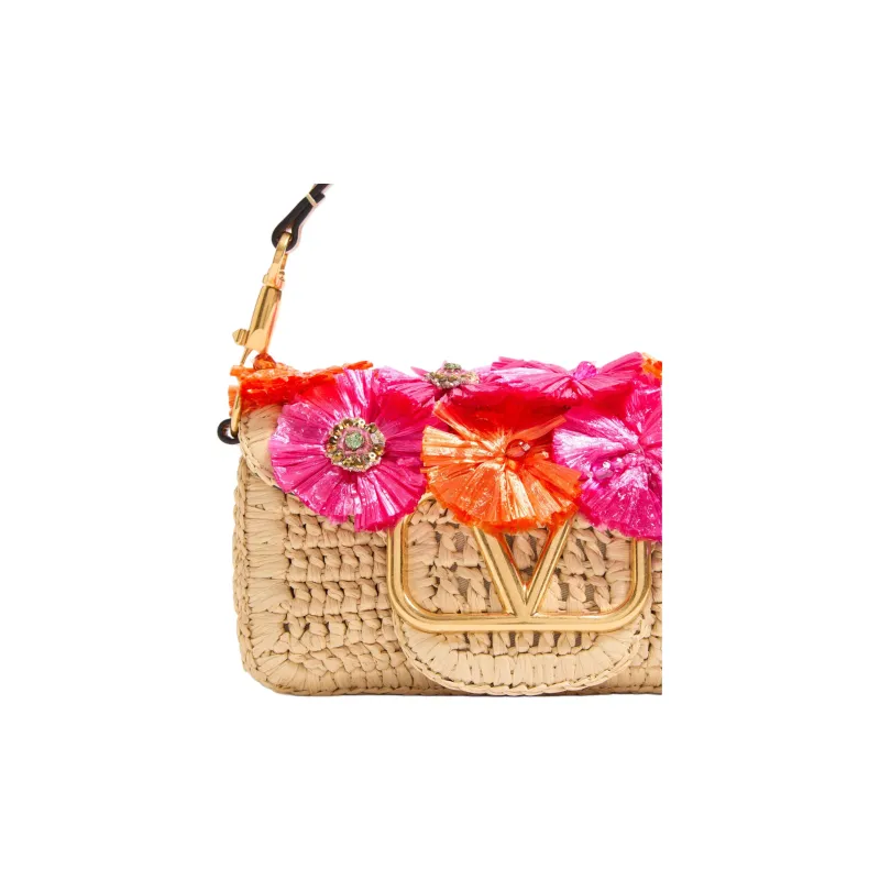 Valentino Locò Raffia One Shoulder Handbag Small Size Women's Natural & Red-4