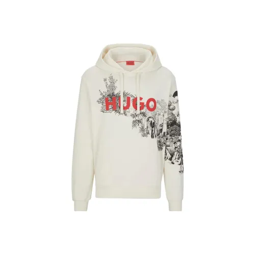 HUGO BOSS Cotton Terry Hoodie With Logo And Artwork Sweatshirt Men's White