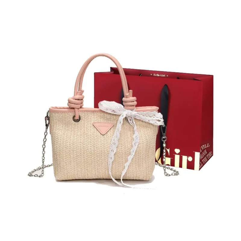 GOX PU With Straw Woven Crossbody Handbag Women's Ecru/Pink/Khaki-6
