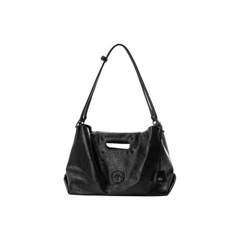 GROTTO Cow Leather CARRY Tote Bag, Shoulder Bag Regular Unisex Black Logo With Silver Logo