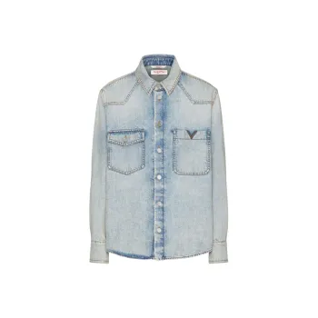 Valentino Logo Plaque Long Sleeved Denim Shirt