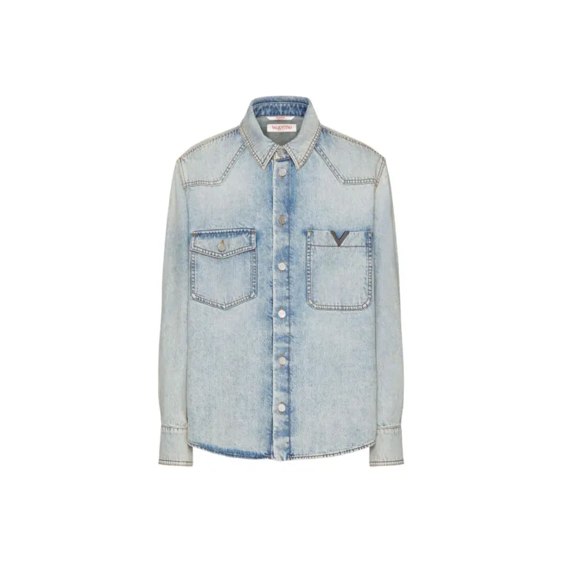 Valentino Logo Plaque Long Sleeved Denim Shirt-0