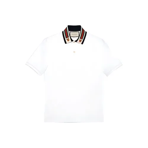 GUCCI Men White Cotton Polo With Web And Feline Head