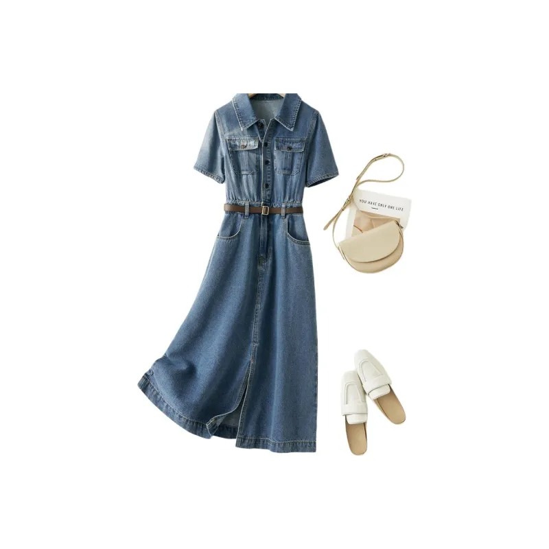 IHIMI SS24 Short Sleeved Dress Women's Denim Blue-1