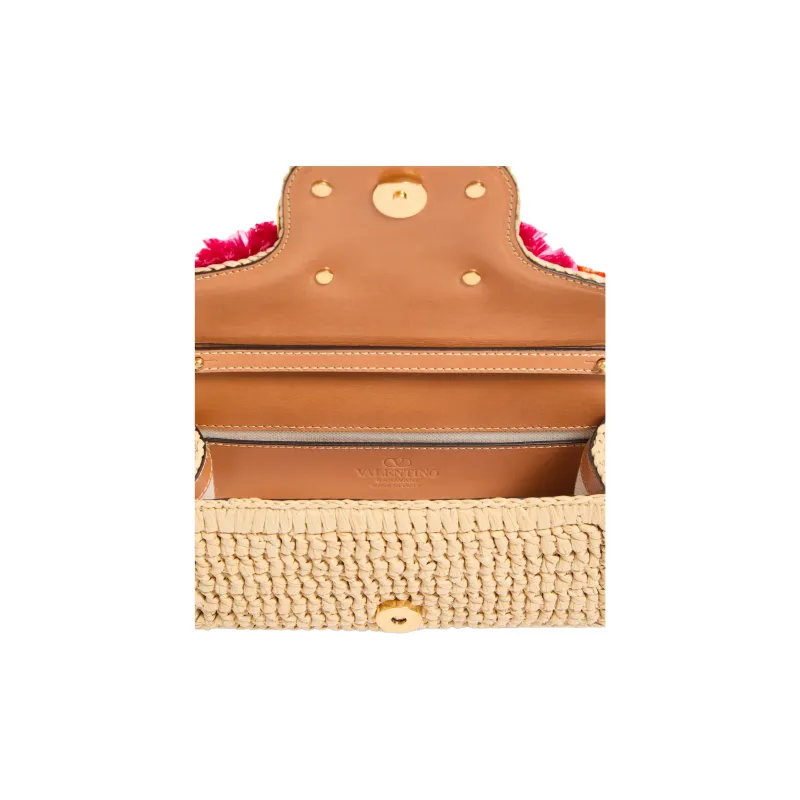 Valentino Locò Raffia One Shoulder Handbag Small Size Women's Natural & Red-5