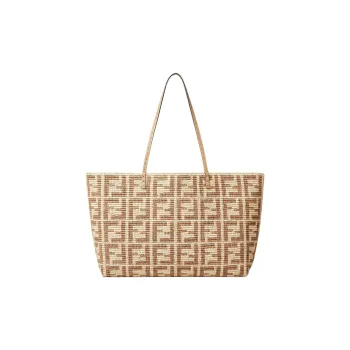 FENDI Roll Raffia Tote Bag, Shopping Bag, One Shoulder Handbag Large Size Women's Beige
