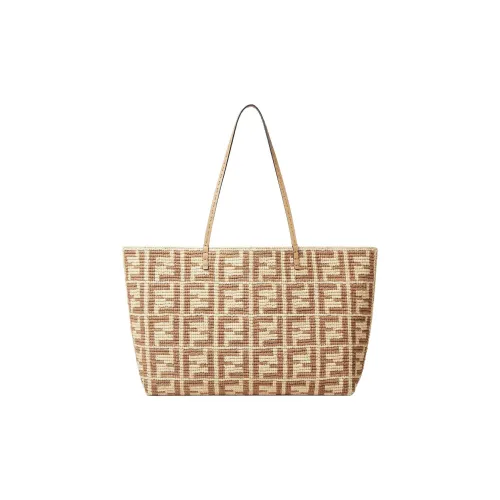 FENDI Roll Raffia Tote Bag, Shopping Bag, One Shoulder Handbag Large Size Women's Beige