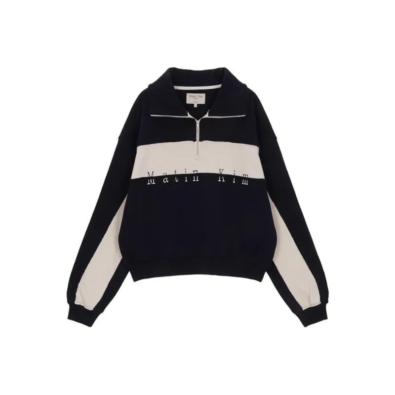 MATIN KIM Cutted Logo Half Zip Sweatshirt In Navy Sweatshirt Unisex Blue-0